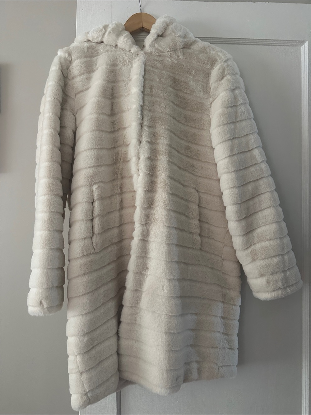 Rachel Zoe Cream Hooded Faux Fur Coat